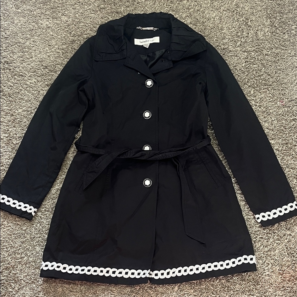 Laundry by Design Black Trench Coat with White Accents Elegant Size Medium